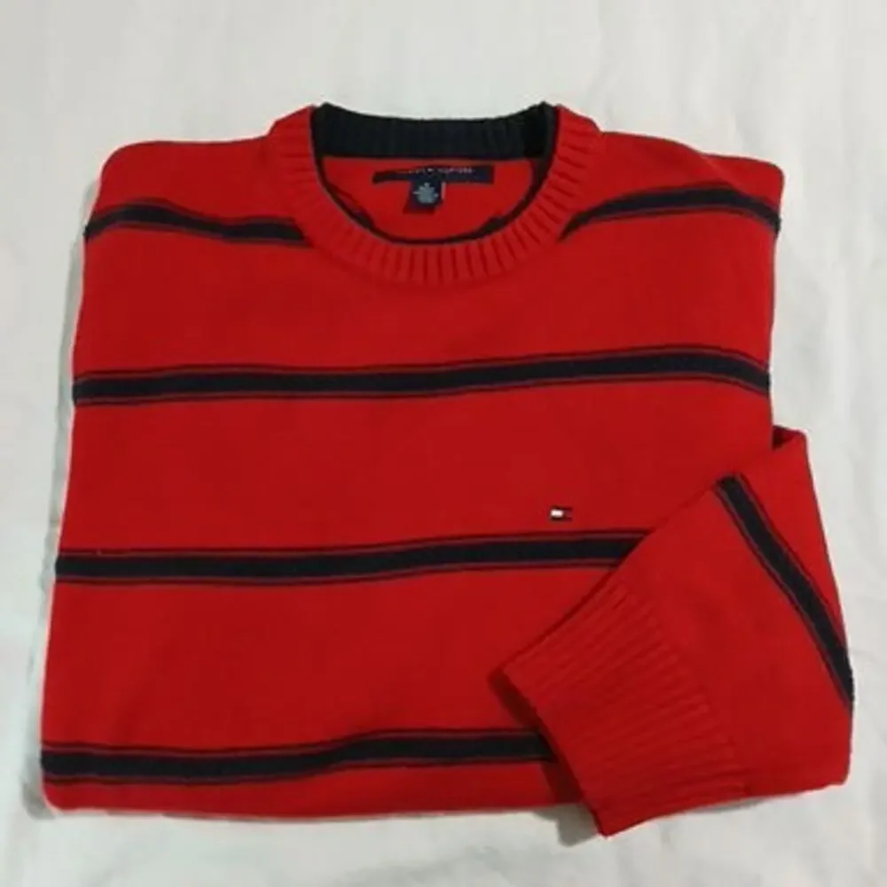 Tommy Hilfiger Men's Medium Red/Blue Striped 100% Cotton Long-Sleeved Sweater
